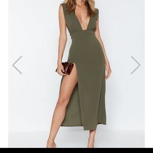 Khaki deep plunge, high slit midi dress